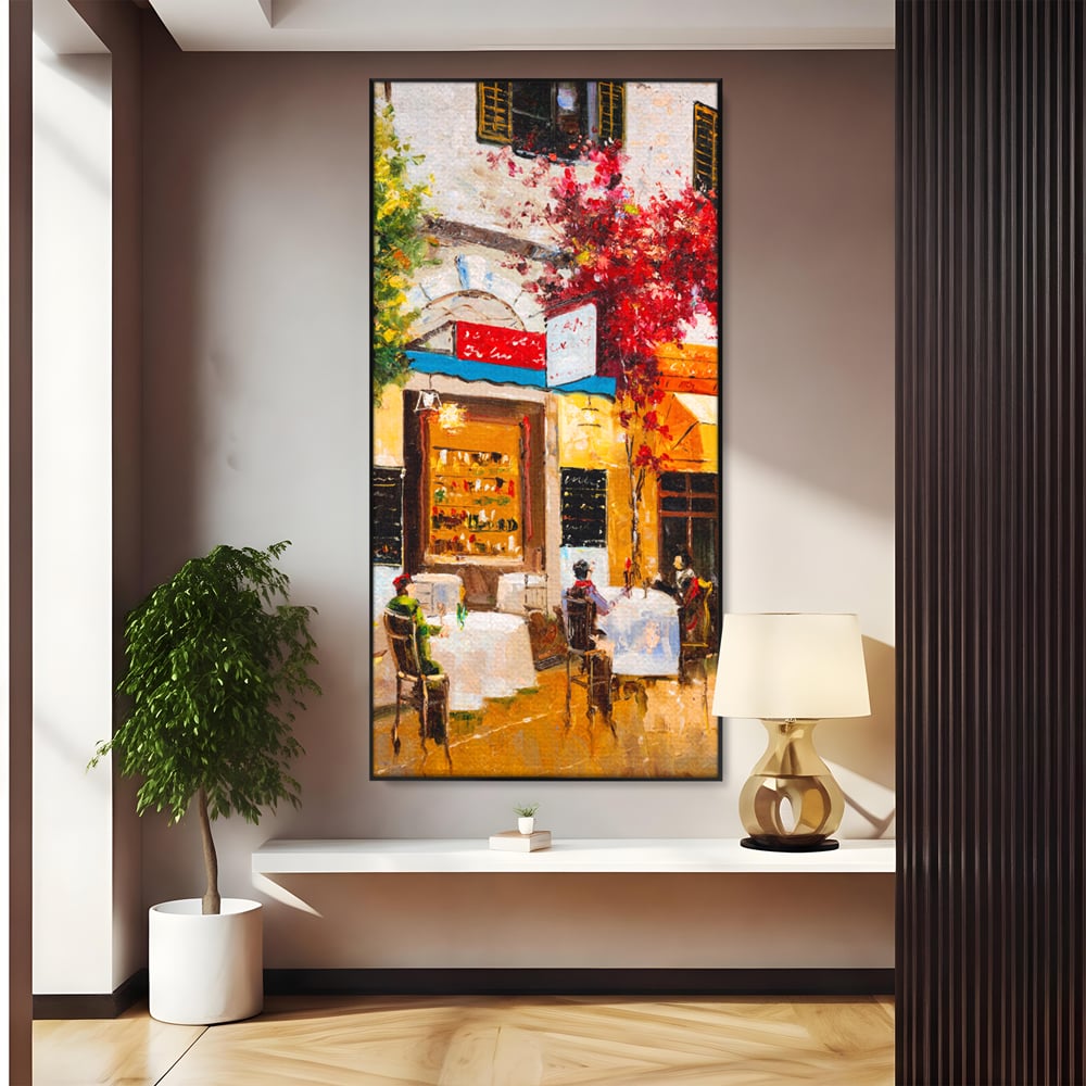 Tablou canvas cu pictura stradala cu terasa, in rama de aluminiu negru